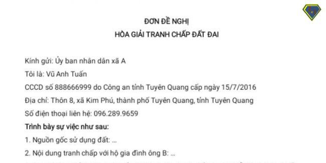 Đơn hòa giải tranh chấp đất đai