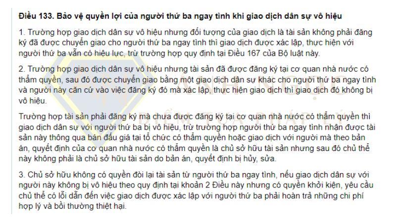 Điều 133 Bộ Luật Dân sự năm 2015 về bảo vệ quyền lợi người ngay tình