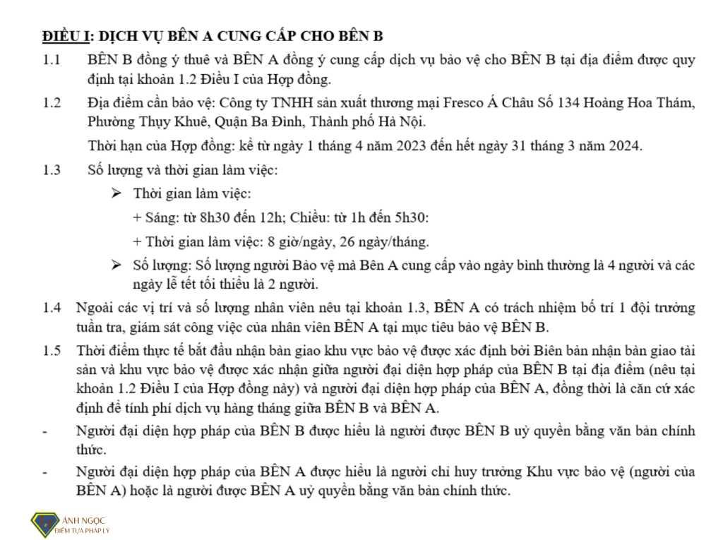 Điều 1. Dịch vụ bên A cung cấp cho bên B