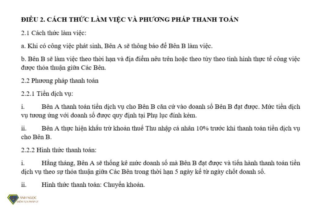 Điều 2. Cách thức làm việc và phương pháp thanh toán