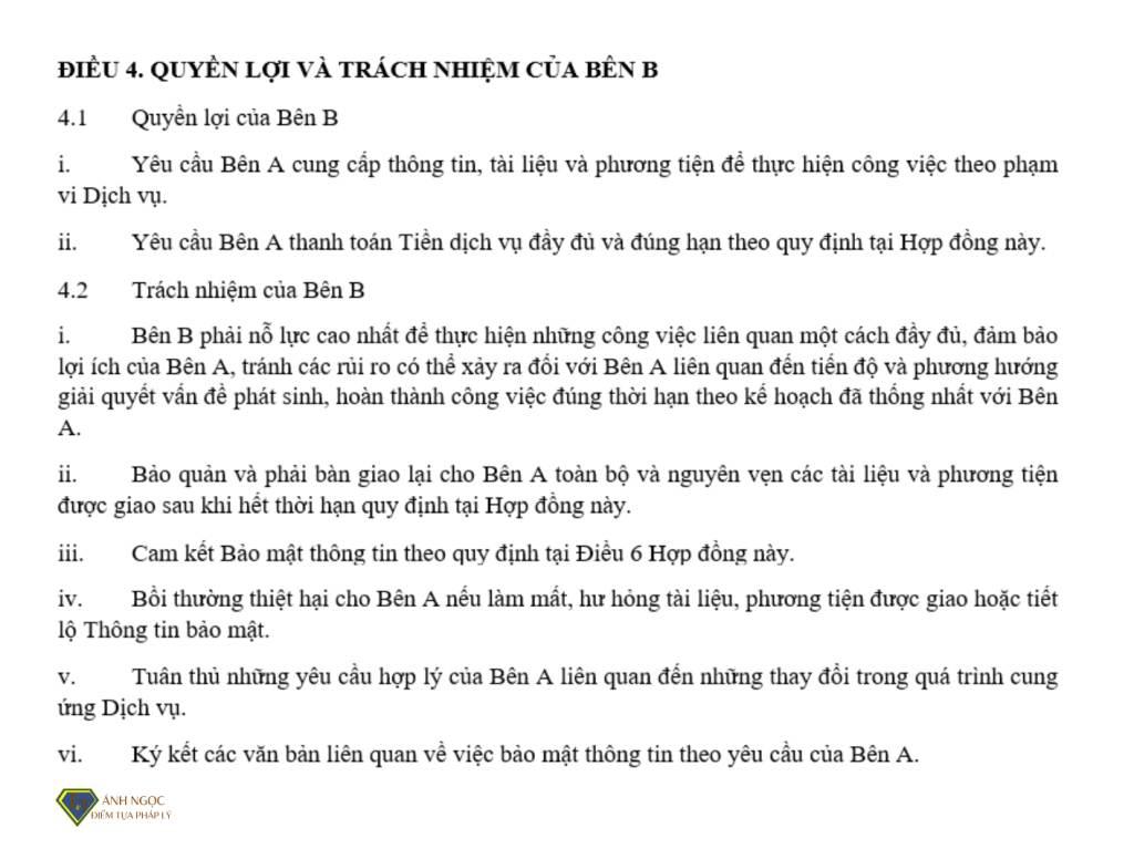 Điều 4. Quyền lợi và trách nhiệm của Bên B