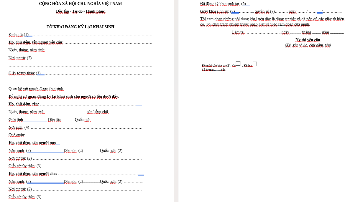 Mẫu đơn xin cấp lại giấy khai sinh bị mất