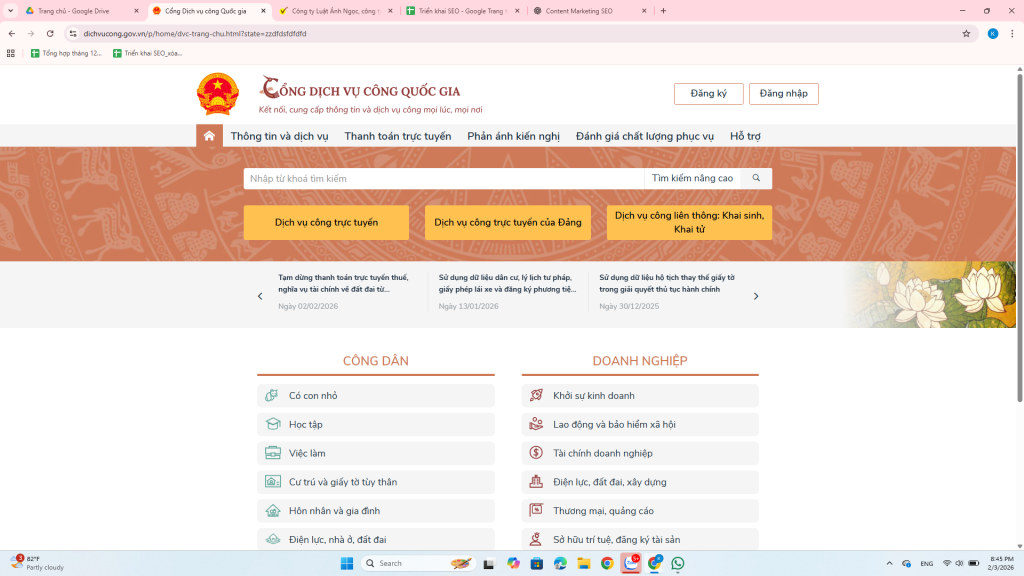 Giao diện trang chủ Cổng Dịch vụ công Quốc gia 